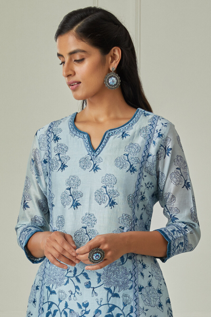 Blue Block Printed A-Line Chanderi Kurta