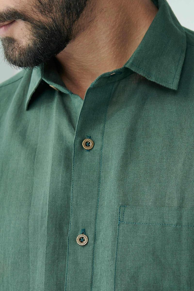 Green Handcrafted Cotton Linen Shirt