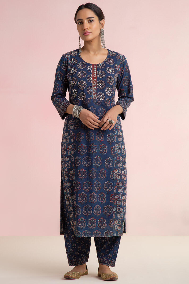 Buy Indigo Block Printed Straight Cotton Kurta For Women 