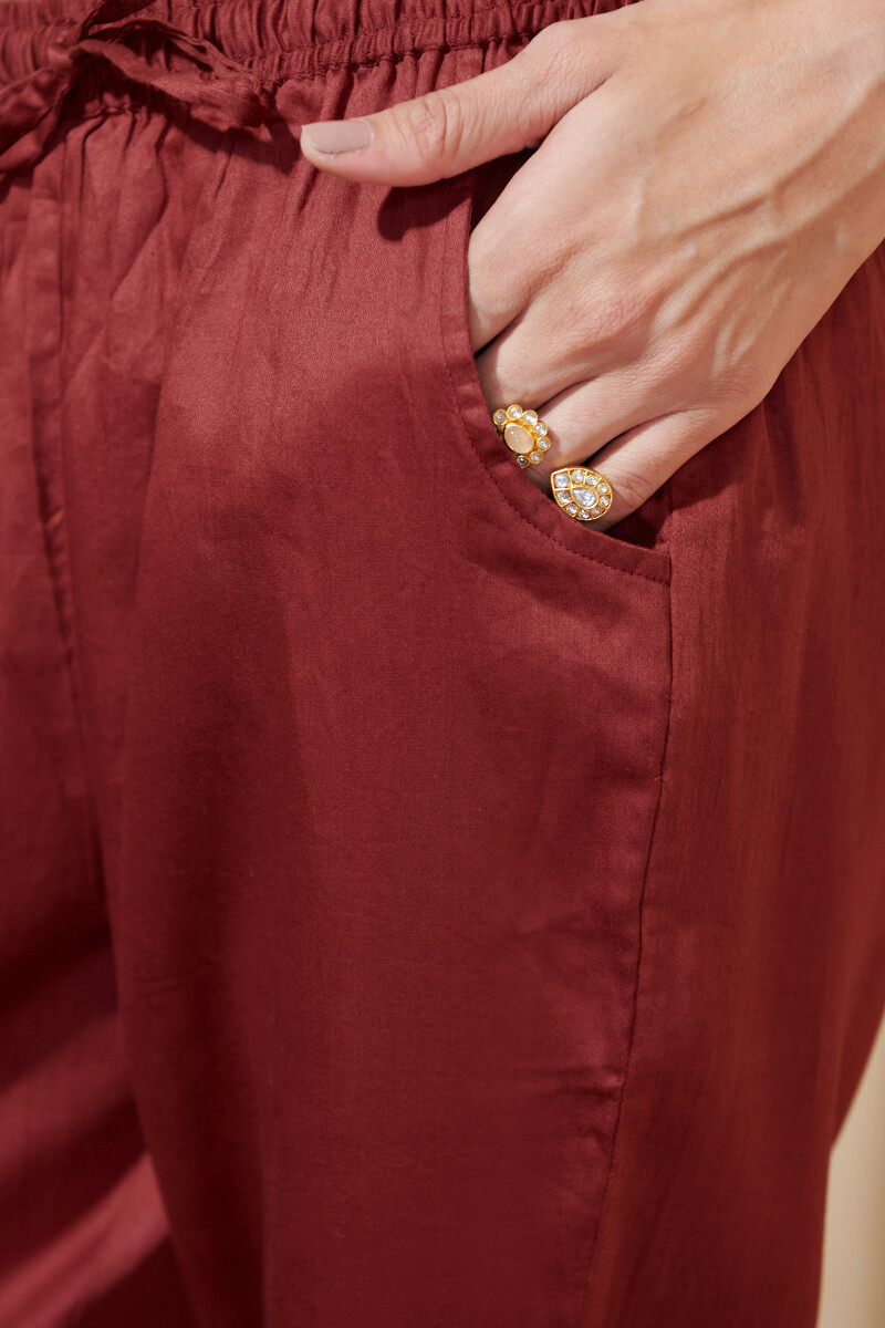 Red Handcrafted Vegan Silk Narrow Pants