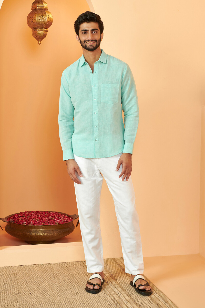 Zaid Turquoise Cotton Linen Shirt