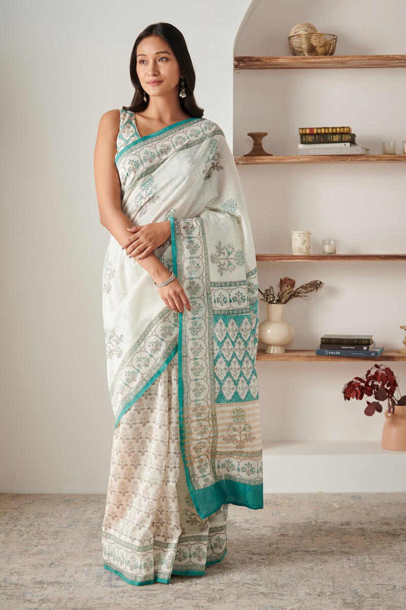 Buy Blue Block Printed Chanderi Saree for Women | FGSA22-04 | Farida Gupta