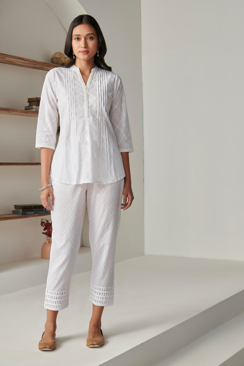 Buy White Handcrafted Cotton Top for Women | FGT22-08 | Farida Gupta