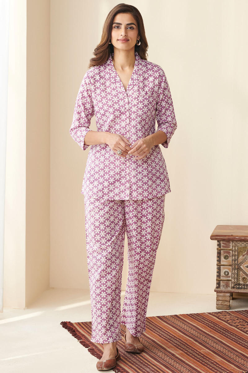 Buy Blue Block Printed Cotton Pyjama Set for Women | FGNSET21-14 | Farida  Gupta