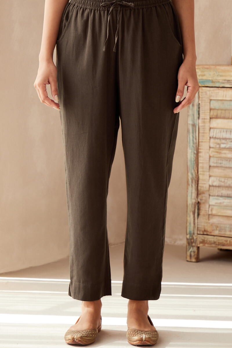 Brown Handcrafted Cotton Narrow Pants