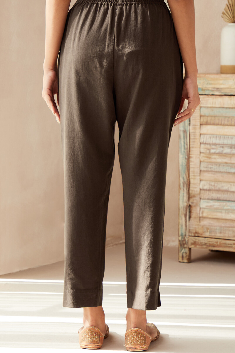 Brown Handcrafted Cotton Narrow Pants