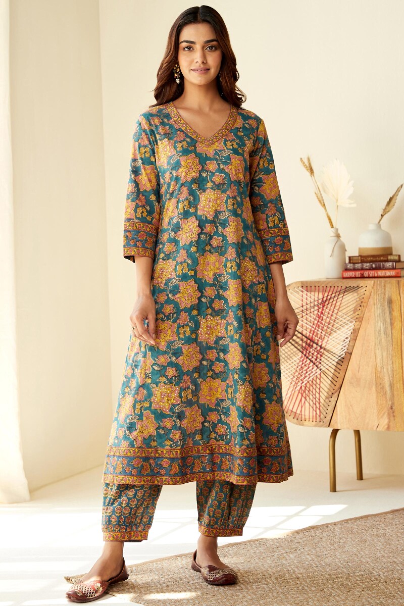 Buy Blue Hand Block Printed A Line Cotton Kurta For Women Fgmk23 474 Farida Gupta 3367