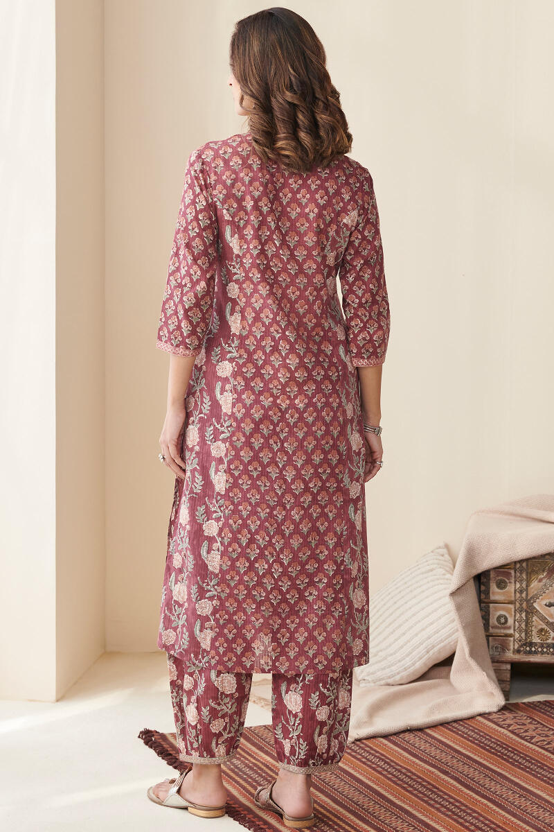 Buy Maroon Hand Block Printed Straight Cotton Kurta for Women, FGMK22-221