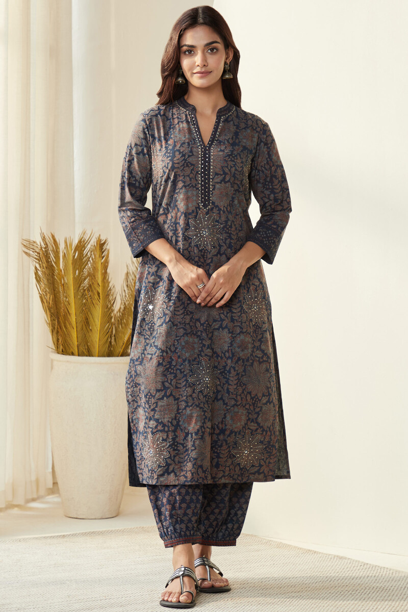 Buy Roz Meher Jia Block Printed Kurta | Blue Kurtas for Women | Farida Gupta