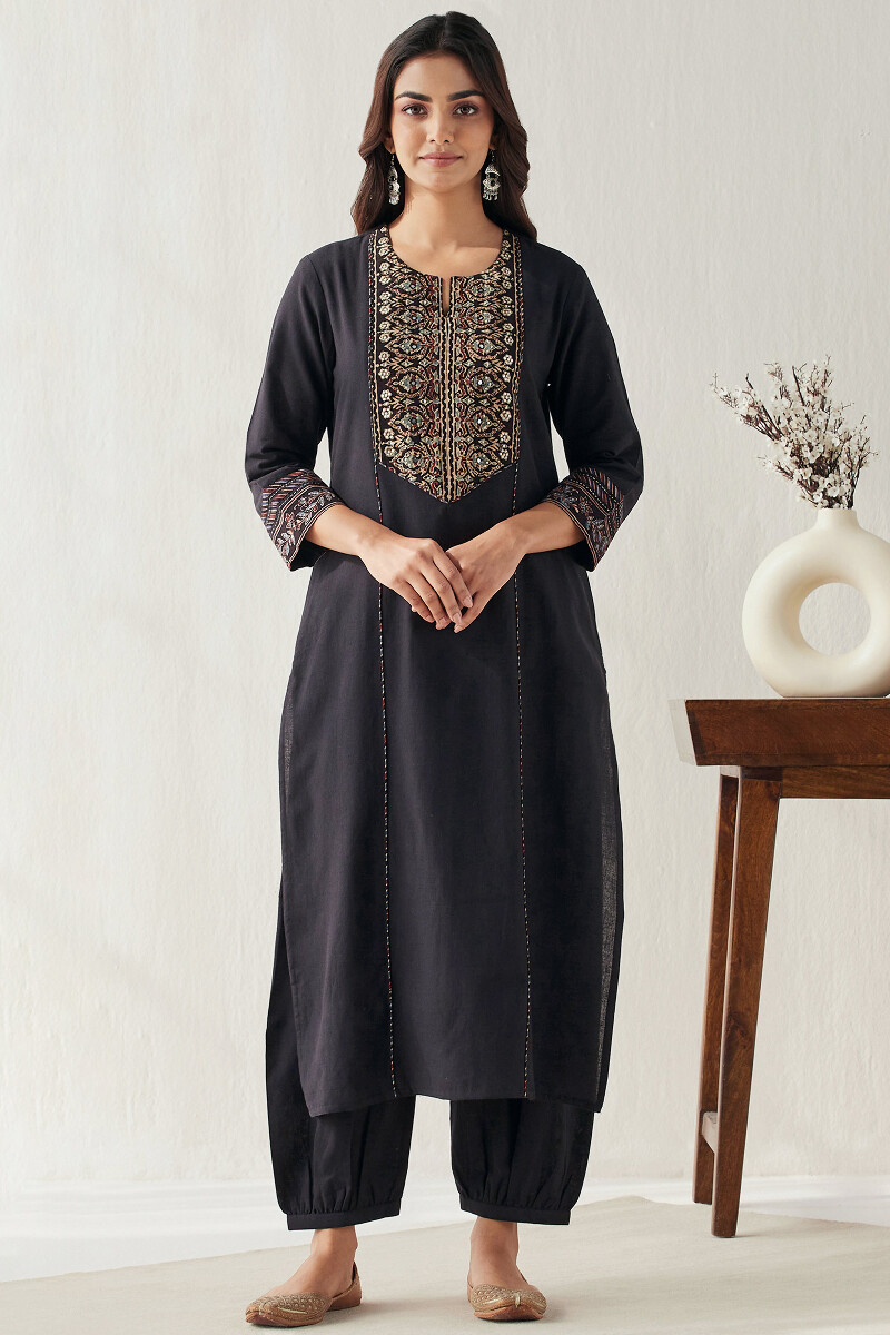 Buy Black Hand Block Printed Straight Handloom Kurta for Women | FGMK22 ...