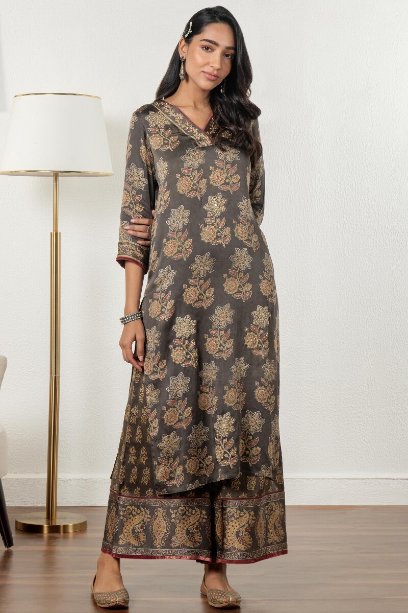 Buy Ajrak Block Printed Straight Modal Satin Kurta for Women | FGMK21 ...