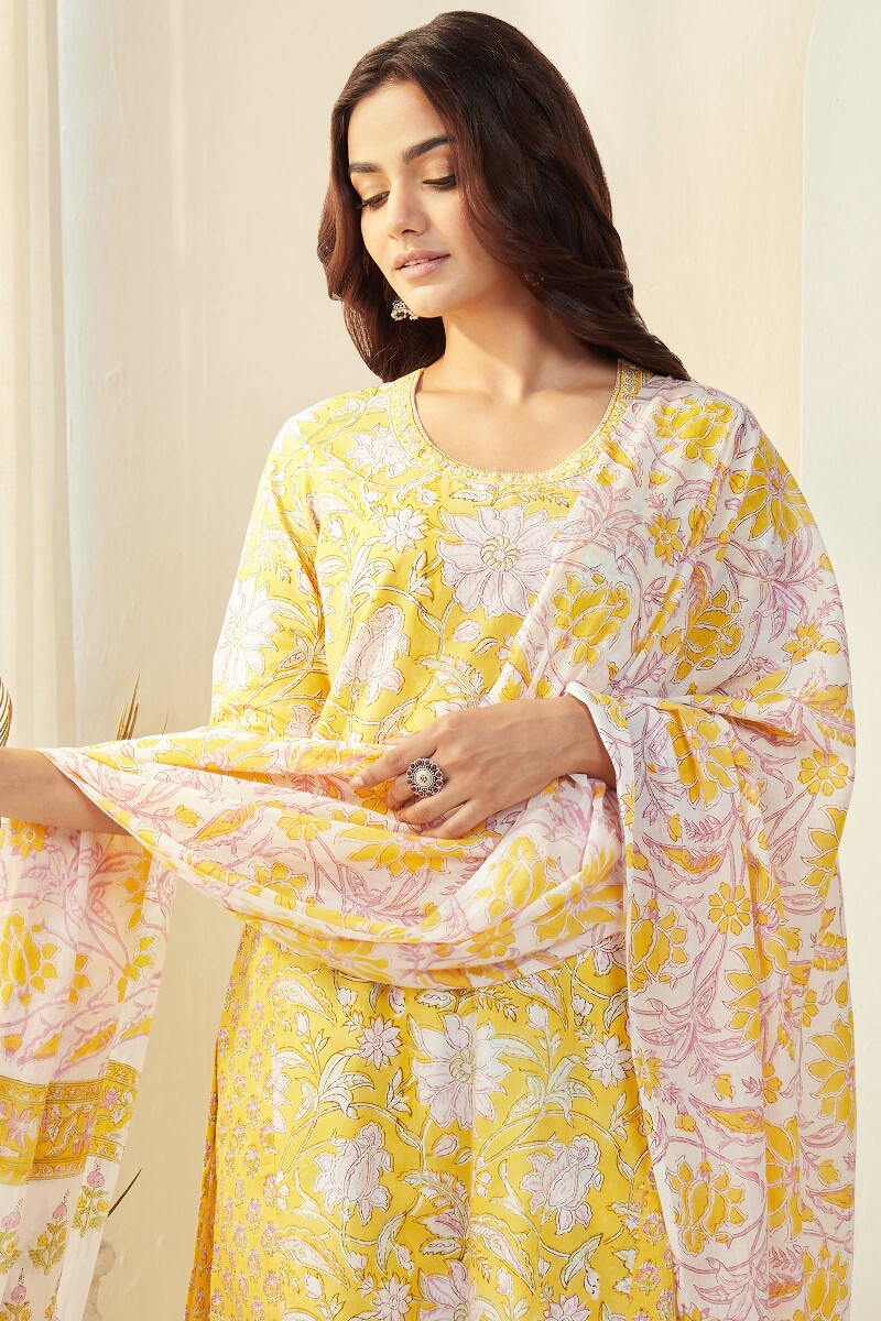 Buy Yellow Hand Block-Printed Straight Cotton Kurta for Women | FGMK23 ...