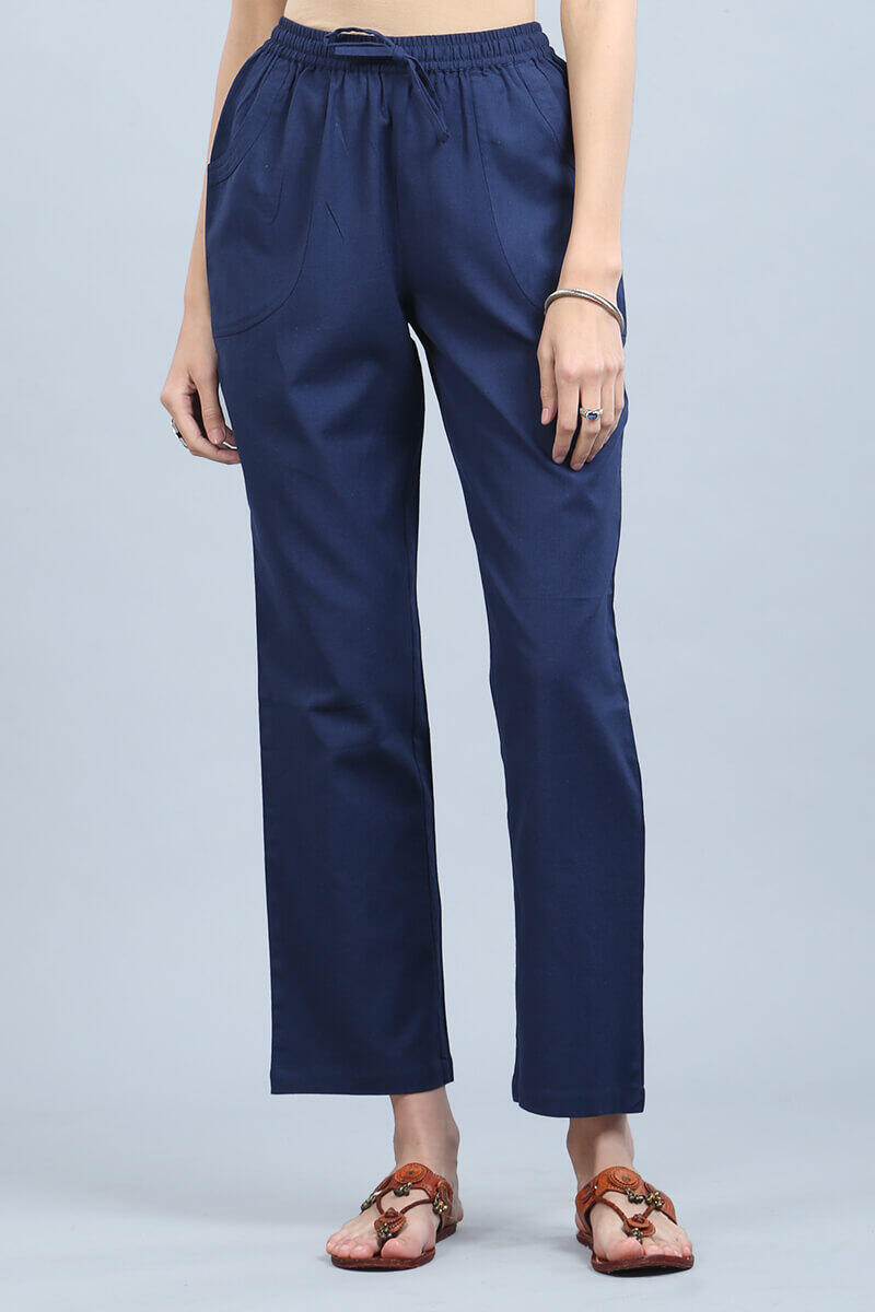 Buy Blue Handcrafted Cotton Pants | Blue Pants for Women | Farida Gupta