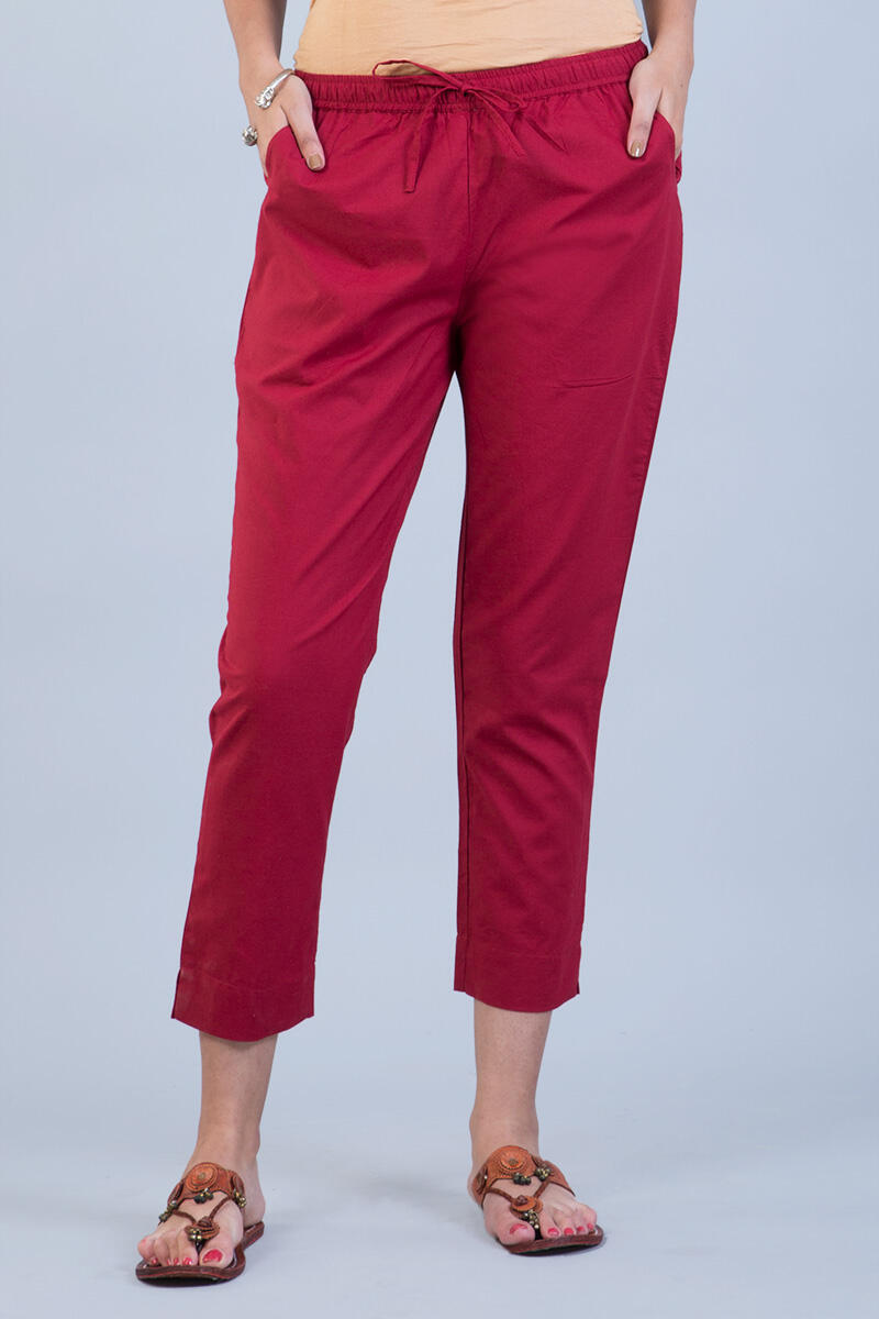 Maroon Handcrafted Cotton Narrow Pants