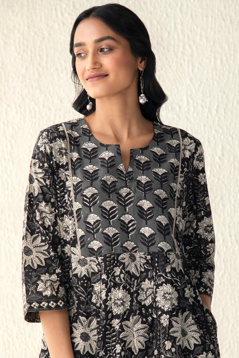 Buy Black Block Printed Cotton Dress for Women | FGDR22-06 | Farida Gupta