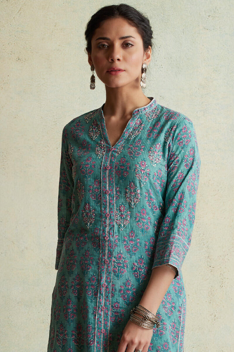 Buy Anahita Farzin Block Printed Kurta | Turquoise Kurtas for Women ...