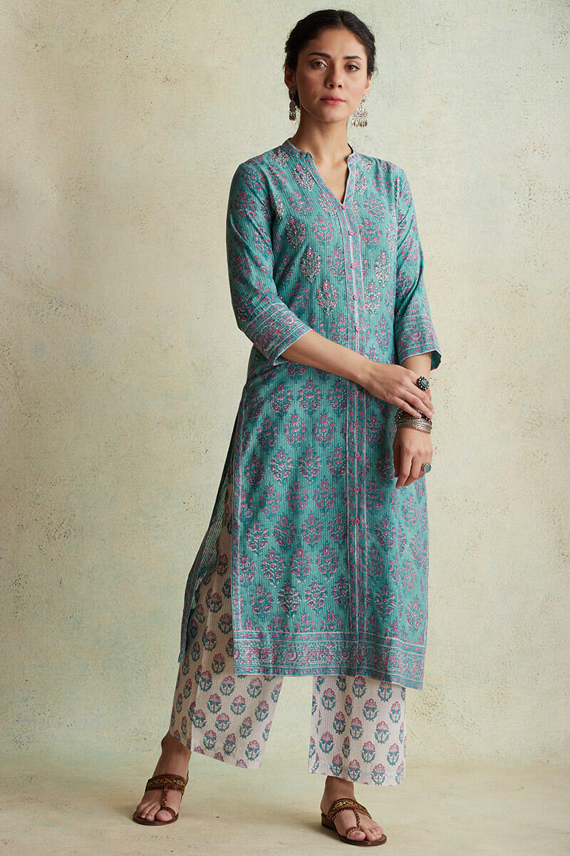 Buy Anahita Farzin Block Printed Kurta | Turquoise Kurtas for Women ...