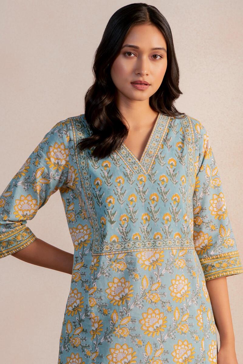 Buy Blue Block Printed Cotton Kaftan for Women | FGKF22-13 | Farida Gupta