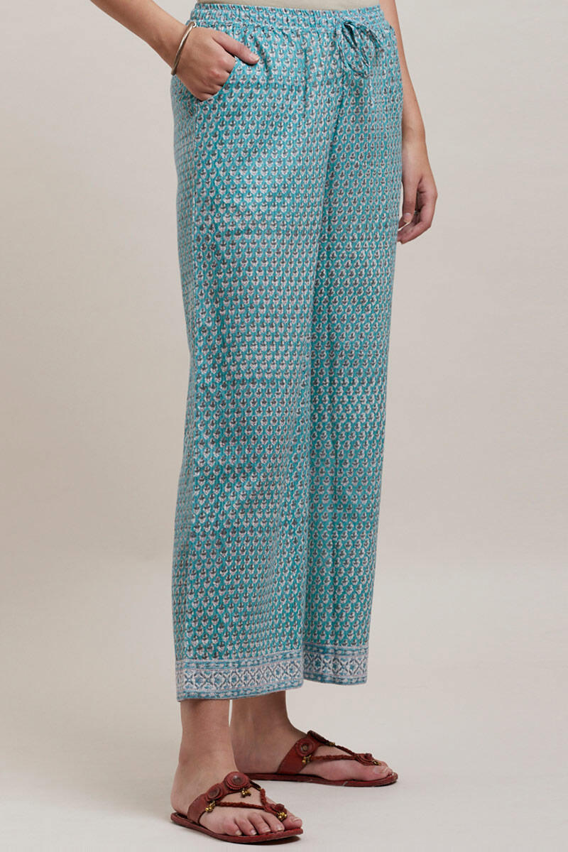Turquoise Block Printed Cotton Farsi Pants