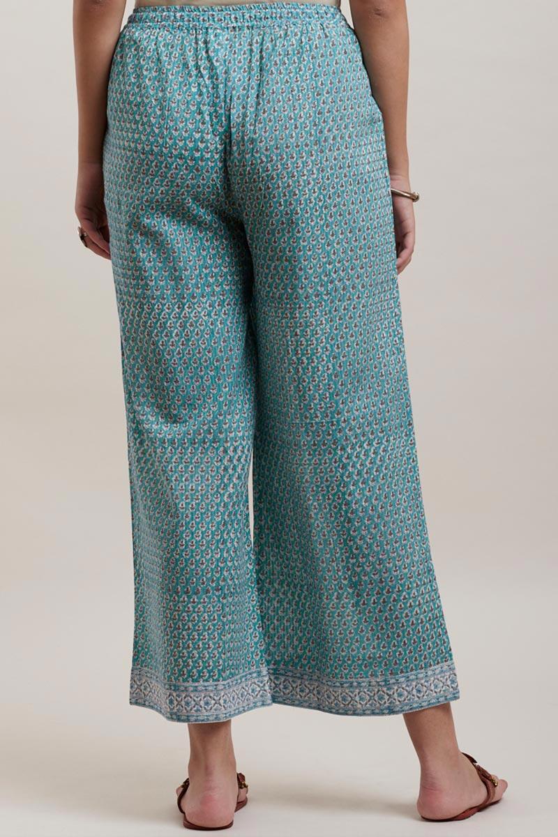 Turquoise Block Printed Cotton Farsi Pants