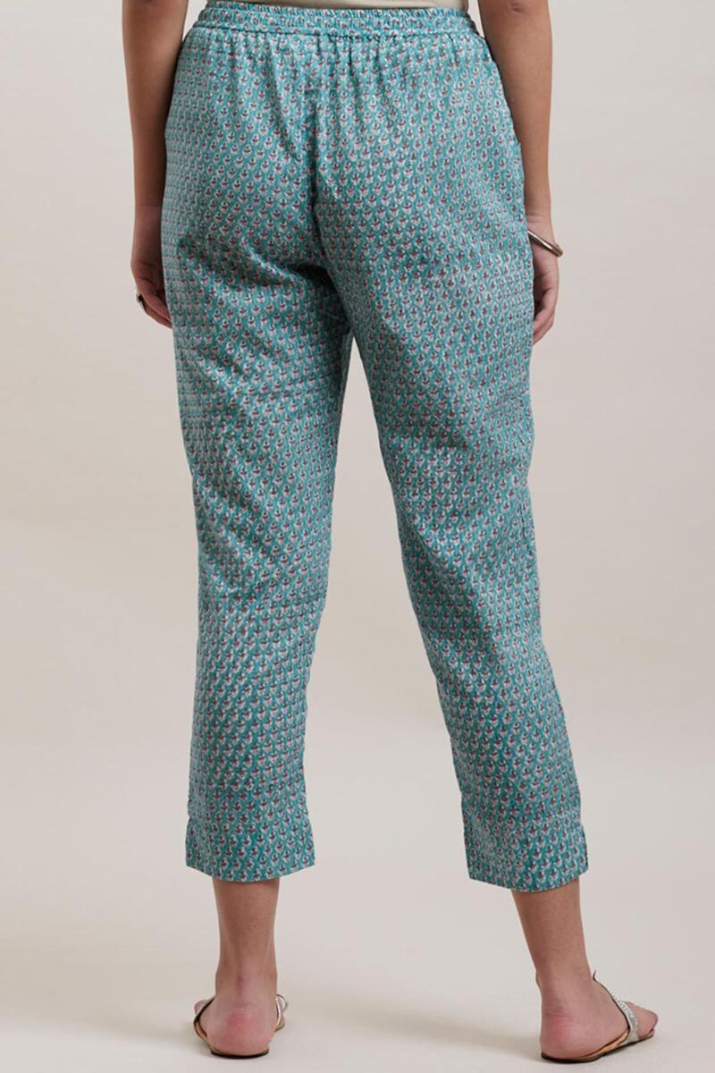 Blue Block Printed Cotton Narrow Pants