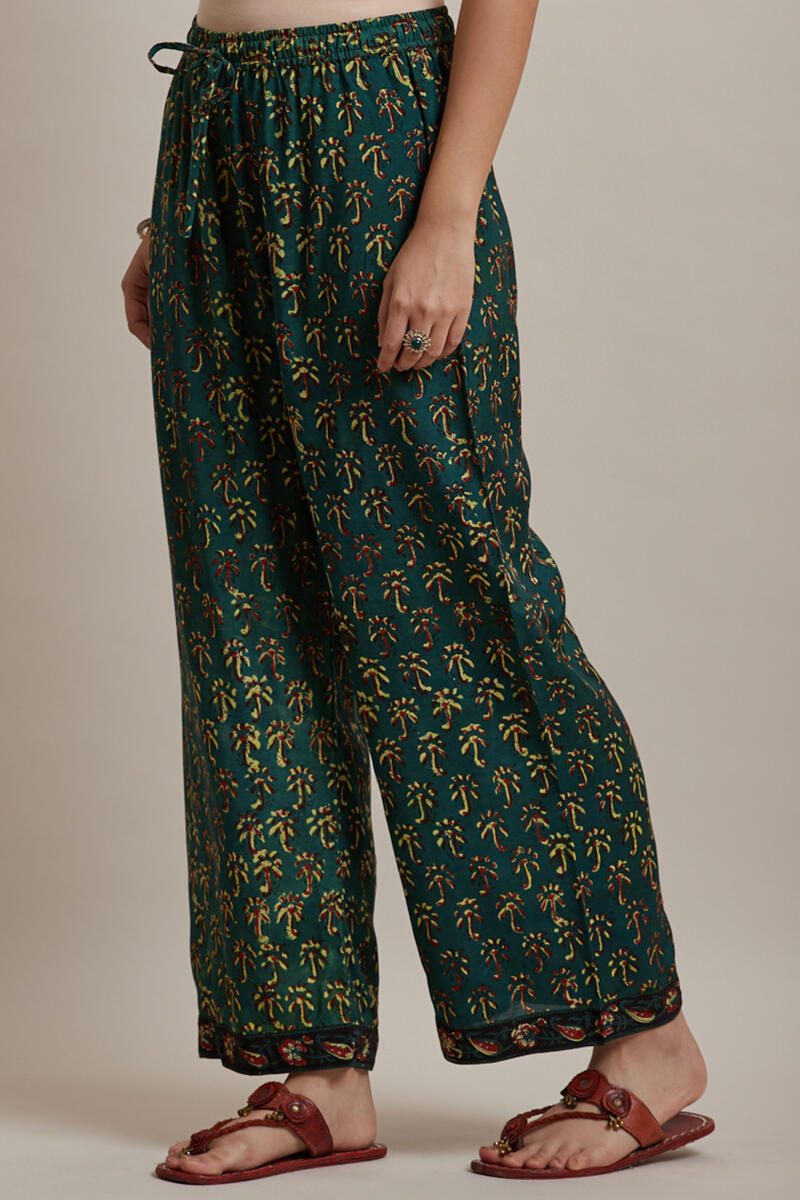 Green Block Printed Shantung Silk Farsi Pants