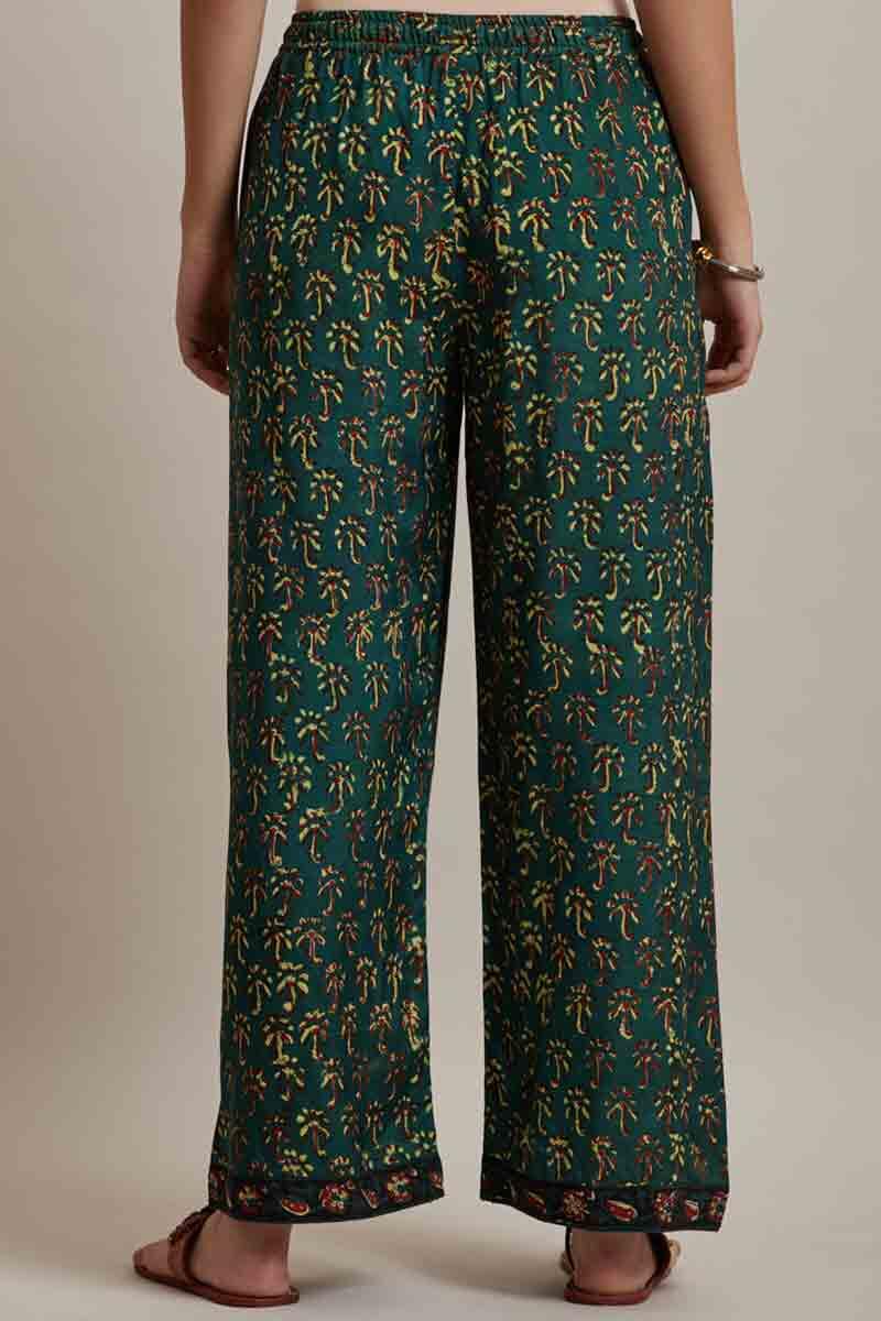 Green Block Printed Shantung Silk Farsi Pants