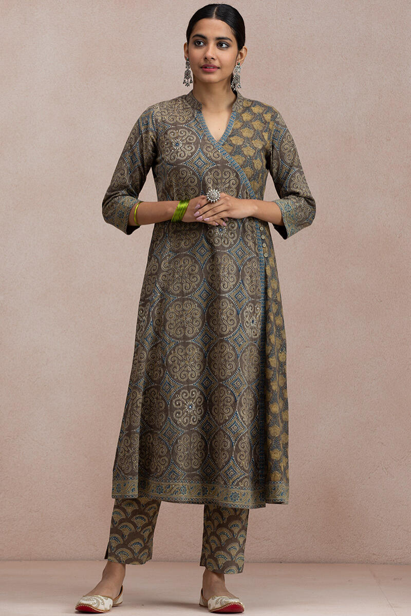 Buy Brown Block Printed Angrakha Cotton Kurta for Women | FGMK20-52 ...