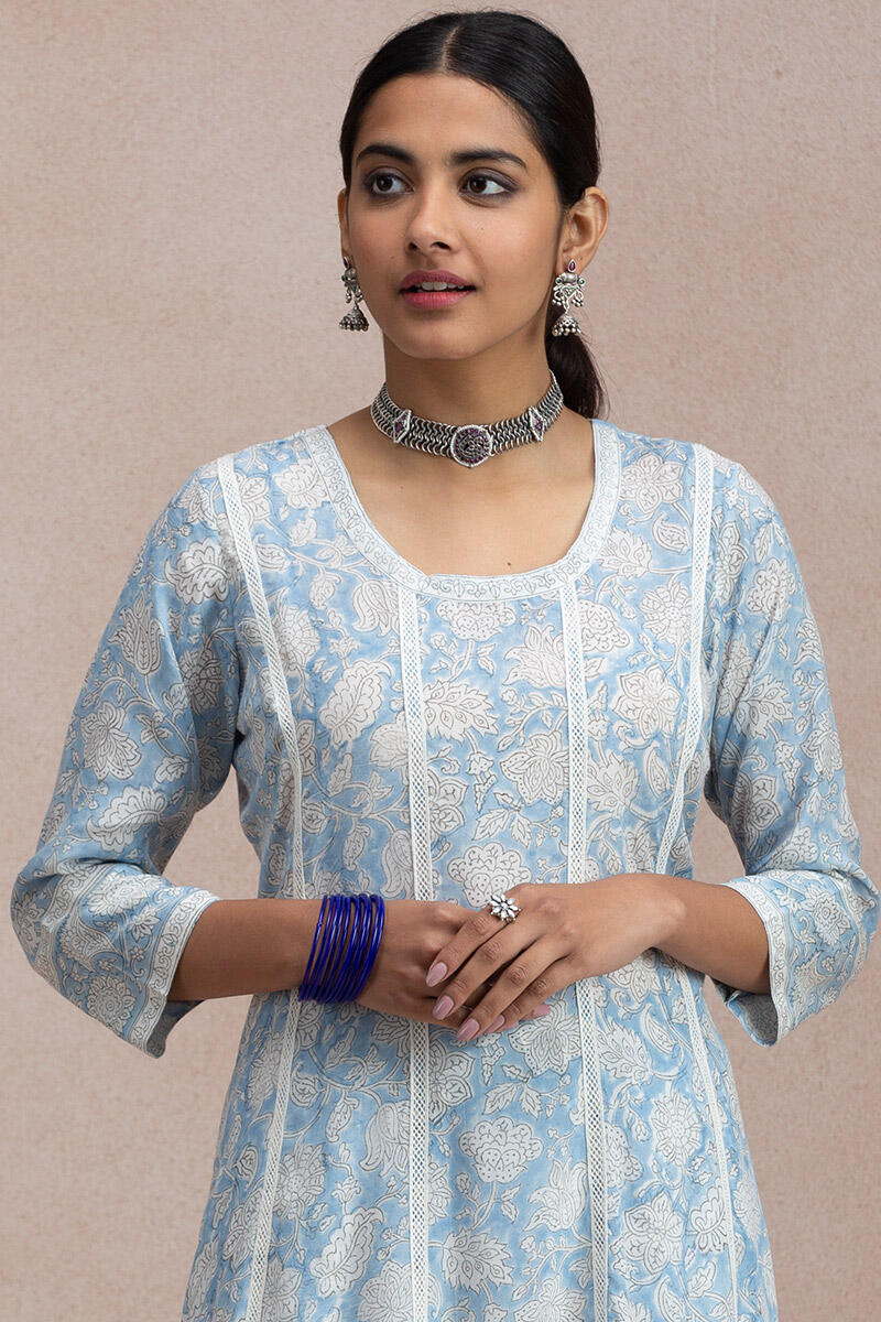 Buy Blue Block Printed Anarkali Cotton Kurta for Women | FGMK20-152 ...