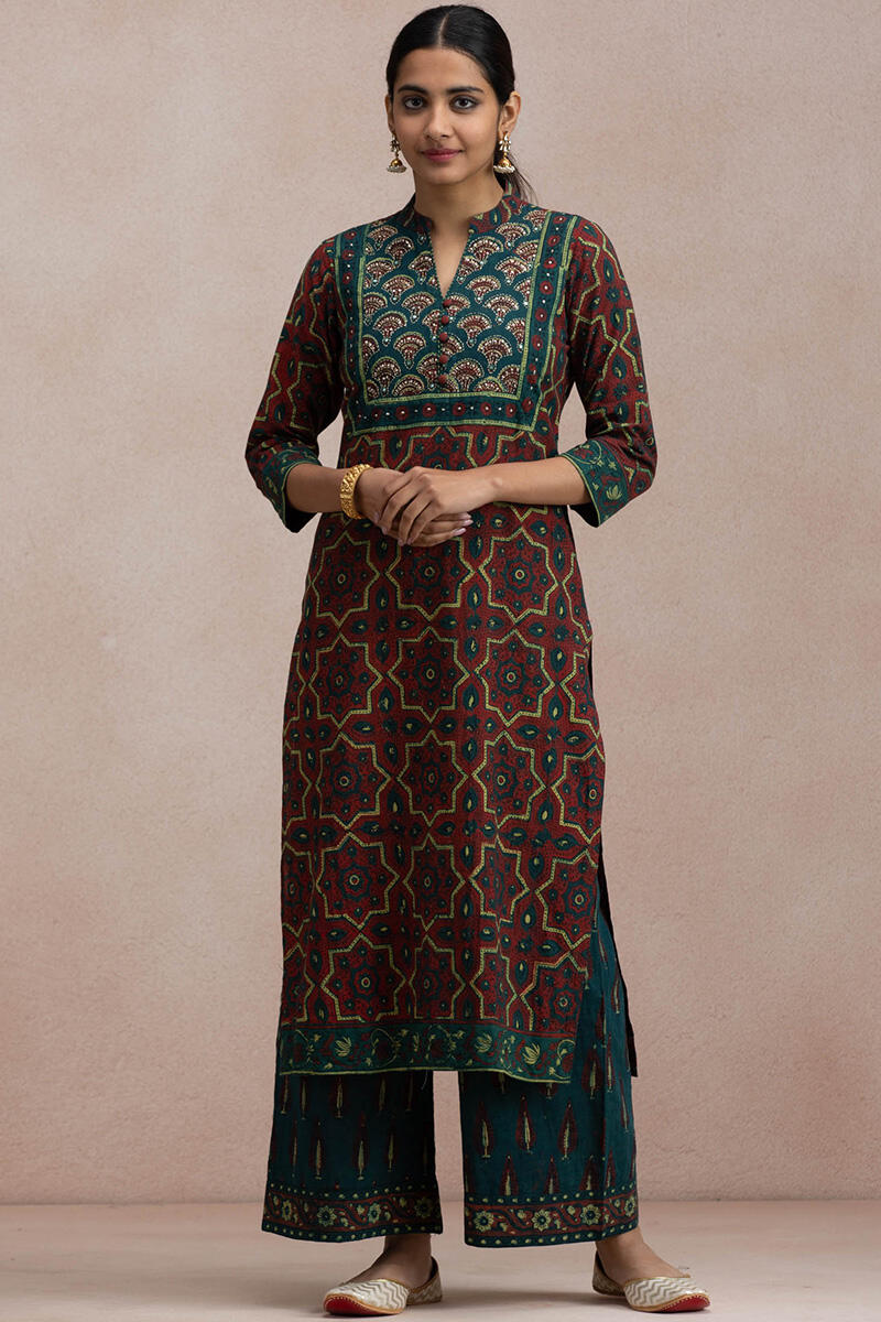 Buy Maroon Block Printed Straight Cotton Kurta for Women | FGMK20-57 ...