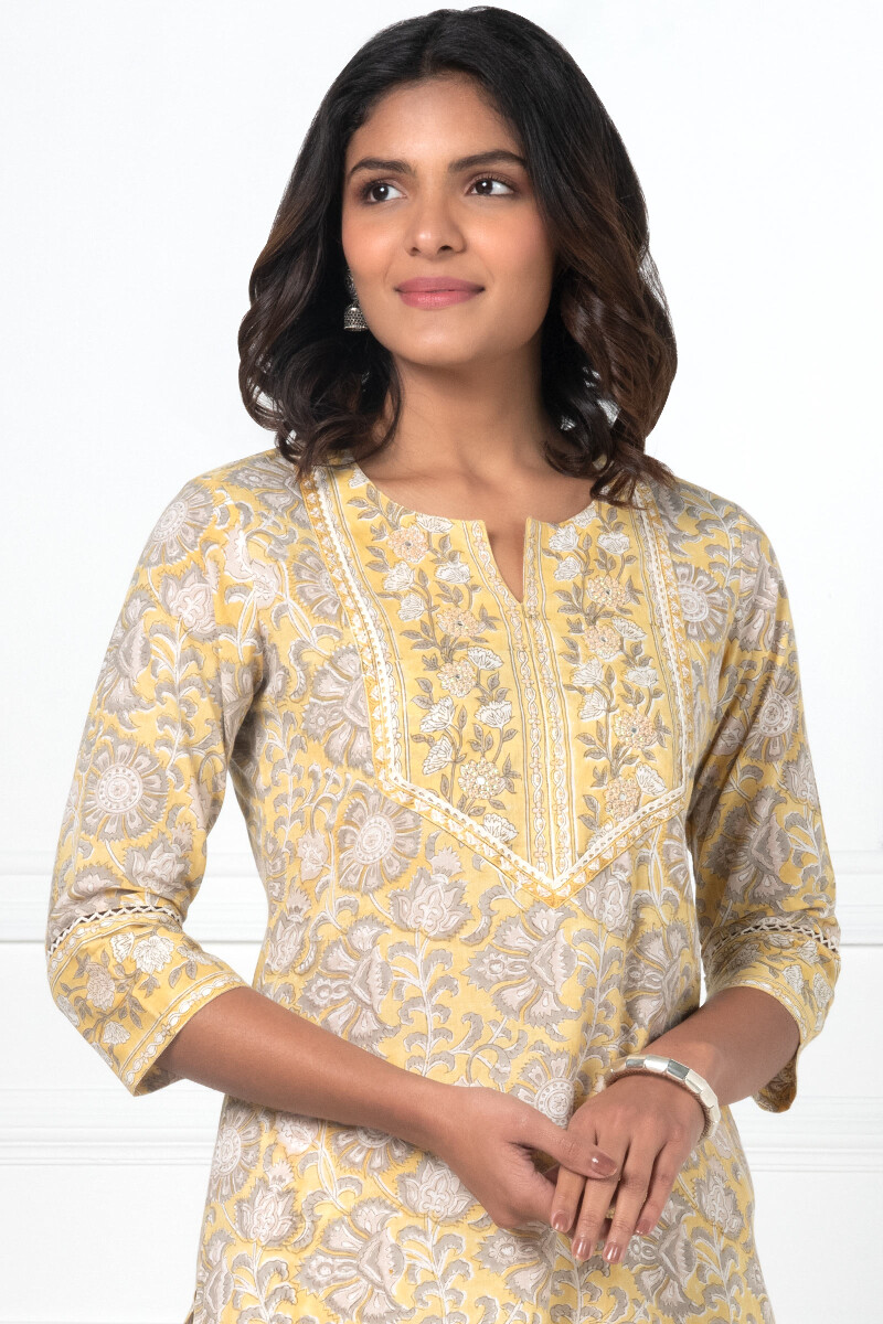 Buy Yellow Block Printed Cotton Nightsuit Set | FGNSET19-04 | Farida Gupta