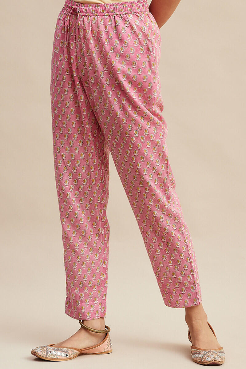 Buy Pink Block Printed Cotton Narrow Pants | Pink Narrow Pants for ...