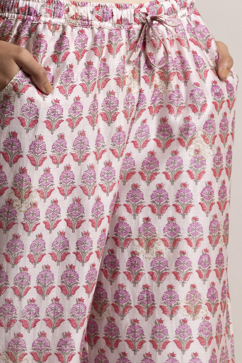 Pink Block Printed Chanderi Farsi Pants