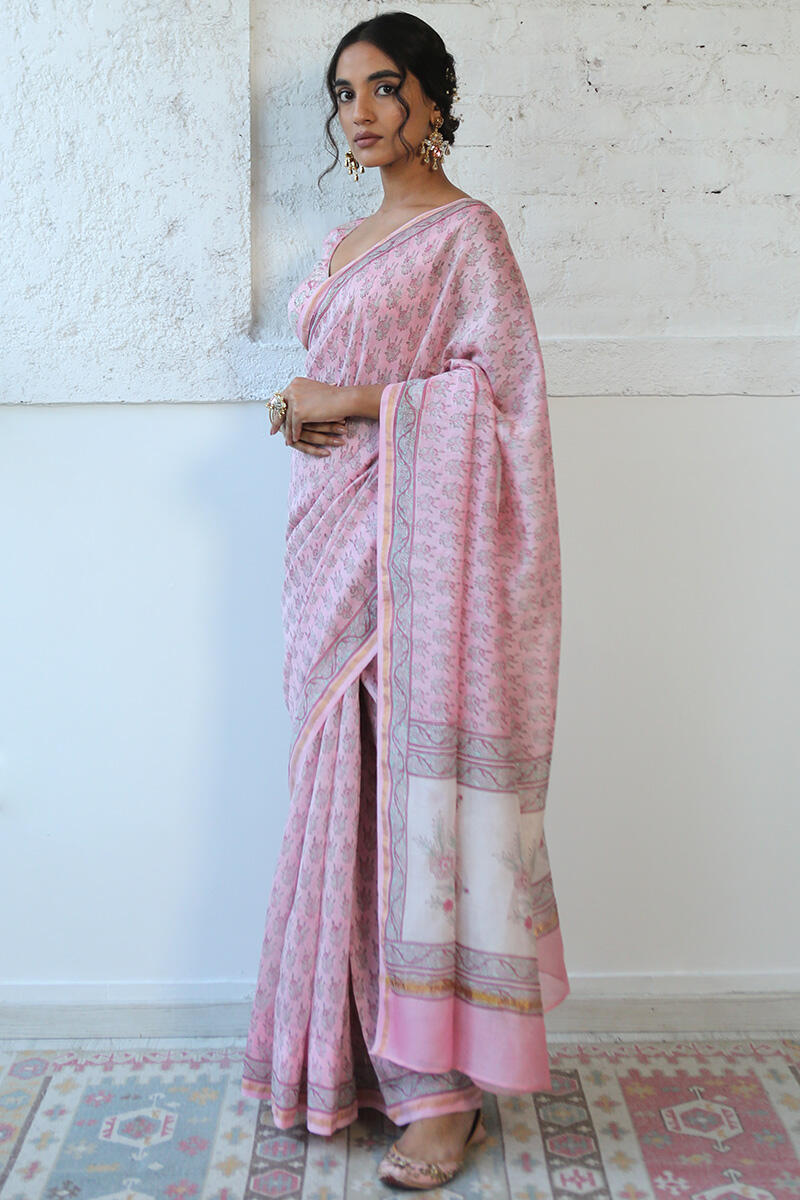 Pink Block Printed Chanderi Saree