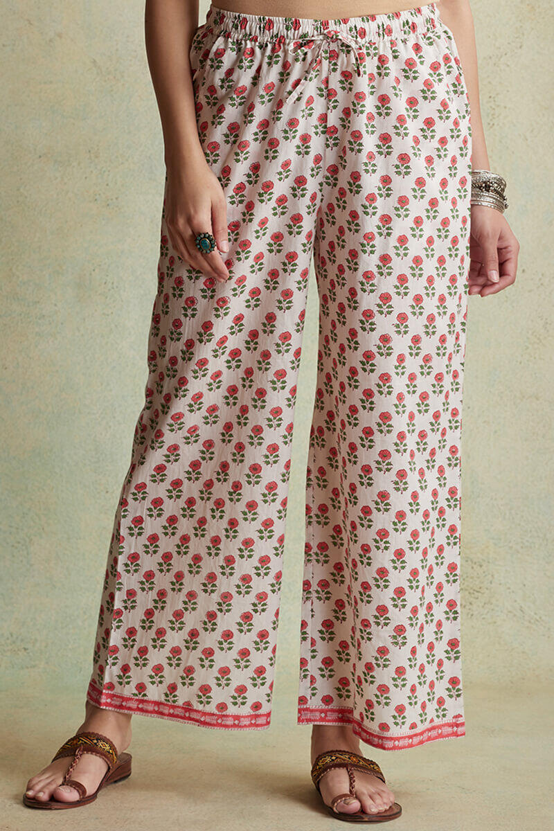 Buy White Hand Block-Printed Cotton Izhaar Pants for Women | FGIPT23-103 | Farida  Gupta