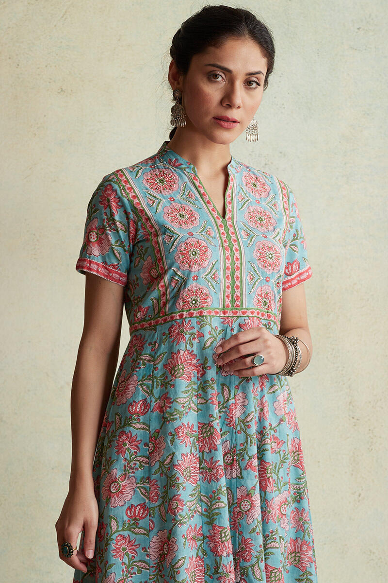 Buy Roz Meher Jia Block Printed Kurta | Blue Kurtas for Women | Farida Gupta  | Cotton dresses, Angrakha style, Women