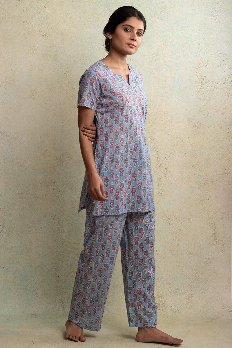 Buy Blue Block Printed Cotton Loungewear Set for Women | FGNSET22-07 | Farida  Gupta