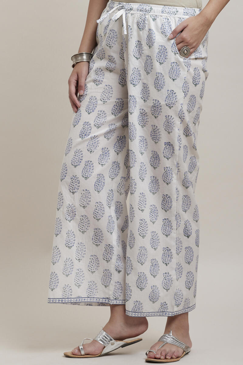 White Block Printed Cotton Farsi Pants