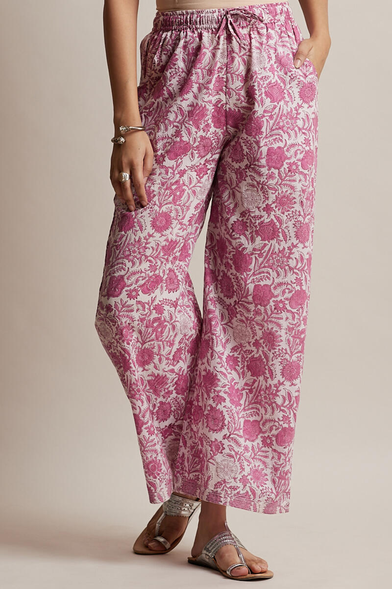Pink Block Printed Cotton Farsi Pants
