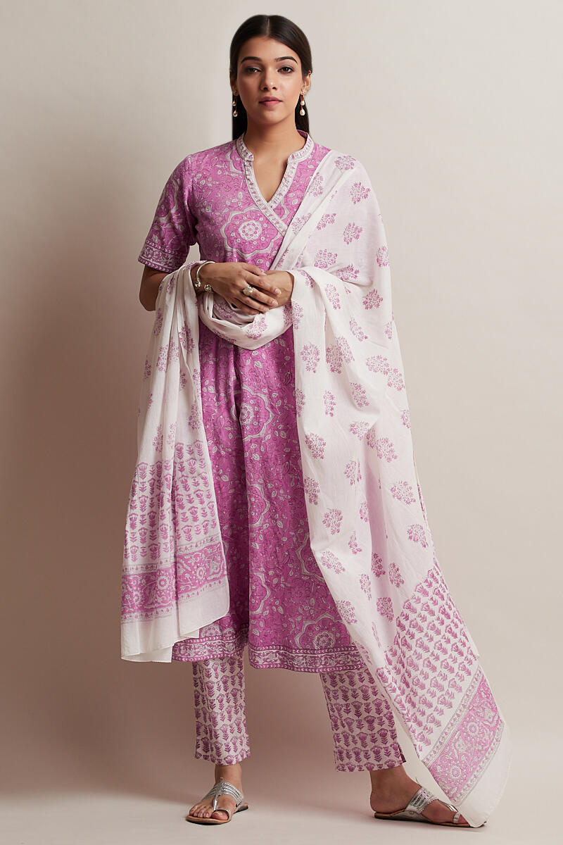 Pink Block Printed Angrakha Cotton Kurta