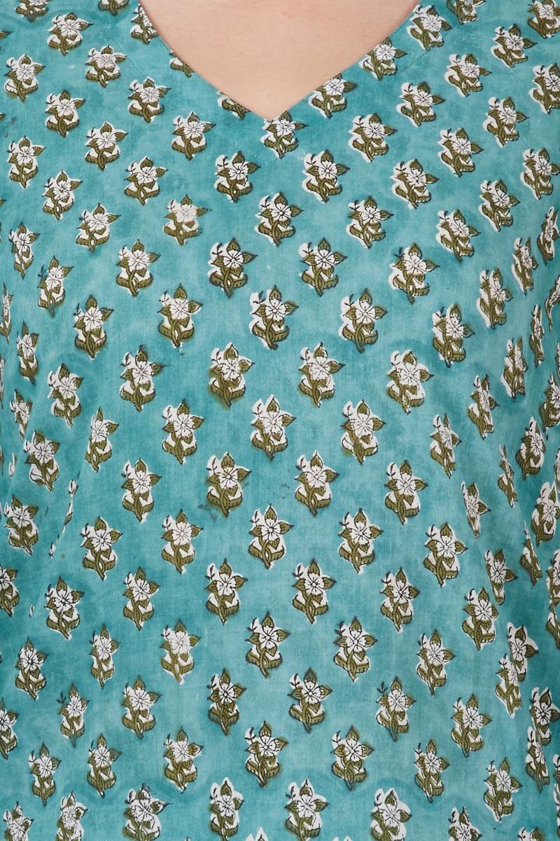 Turquoise Block Printed Cotton Nightsuit