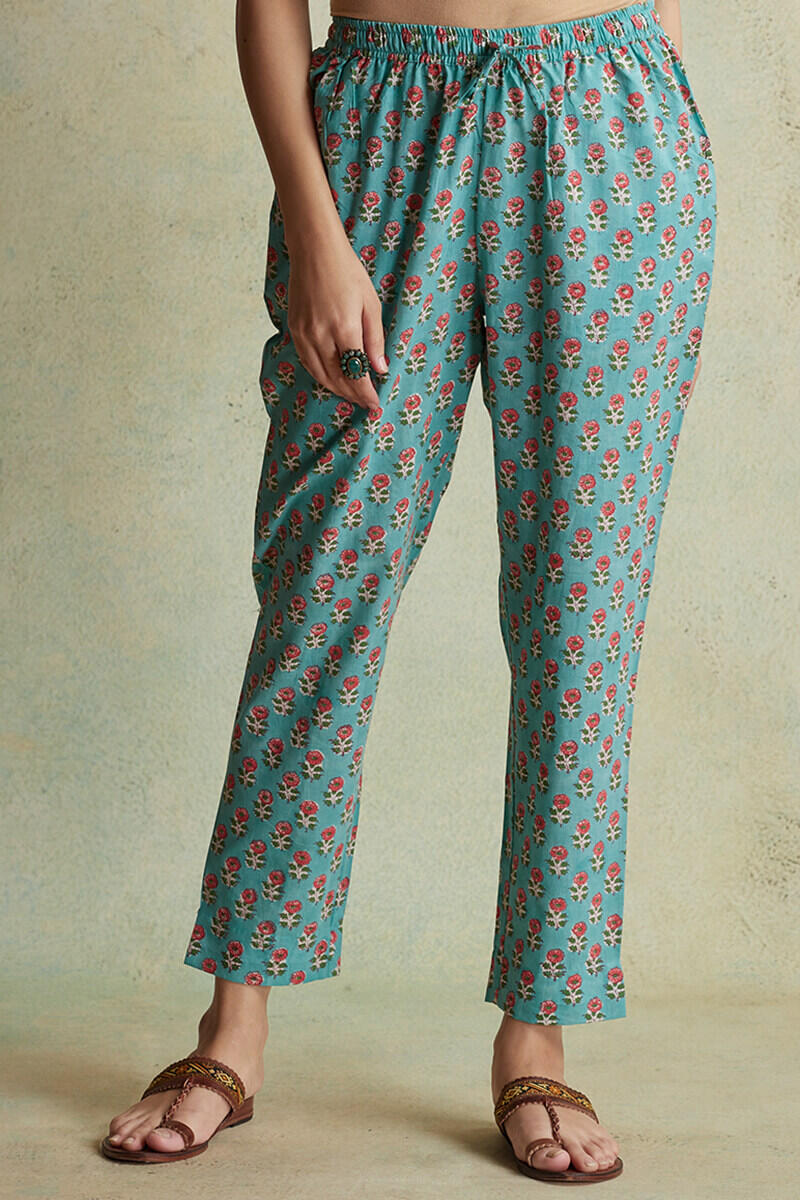 Buy Gulzar Naima Block Printed Narrow Pants, Turquoise Narrow Pants for  Women