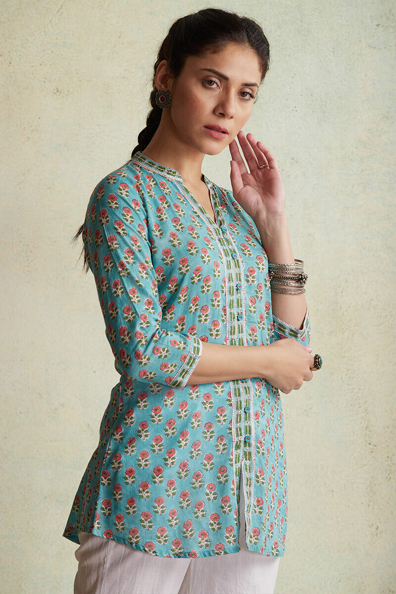 Turquoise Block Printed Cotton Top