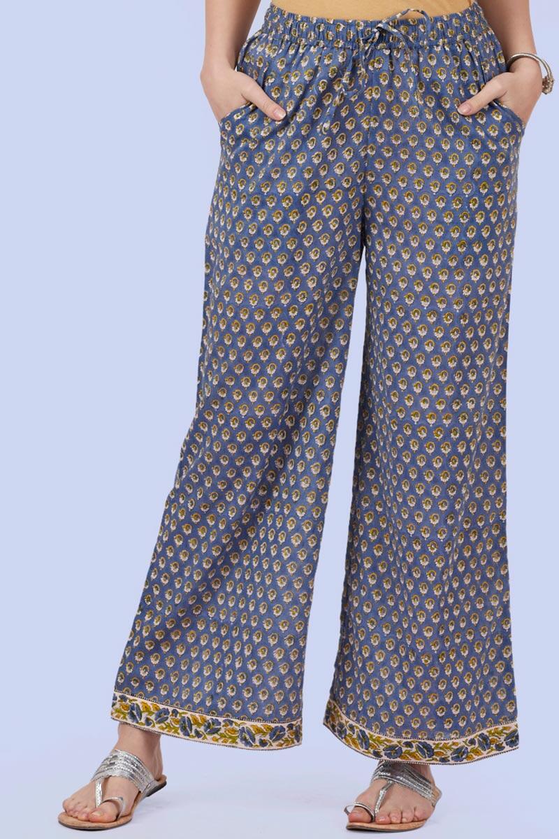 Blue Block Printed Cotton Farsi Pants