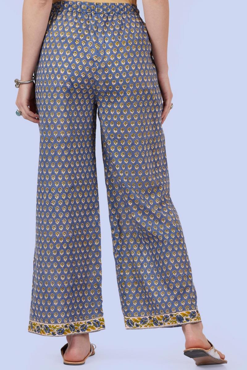 Blue Block Printed Cotton Farsi Pants