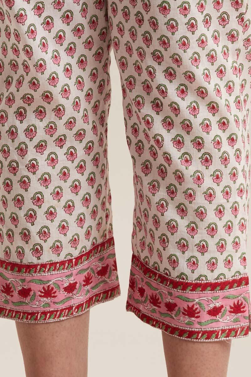 Pink Block Printed Cotton Narrow Pants
