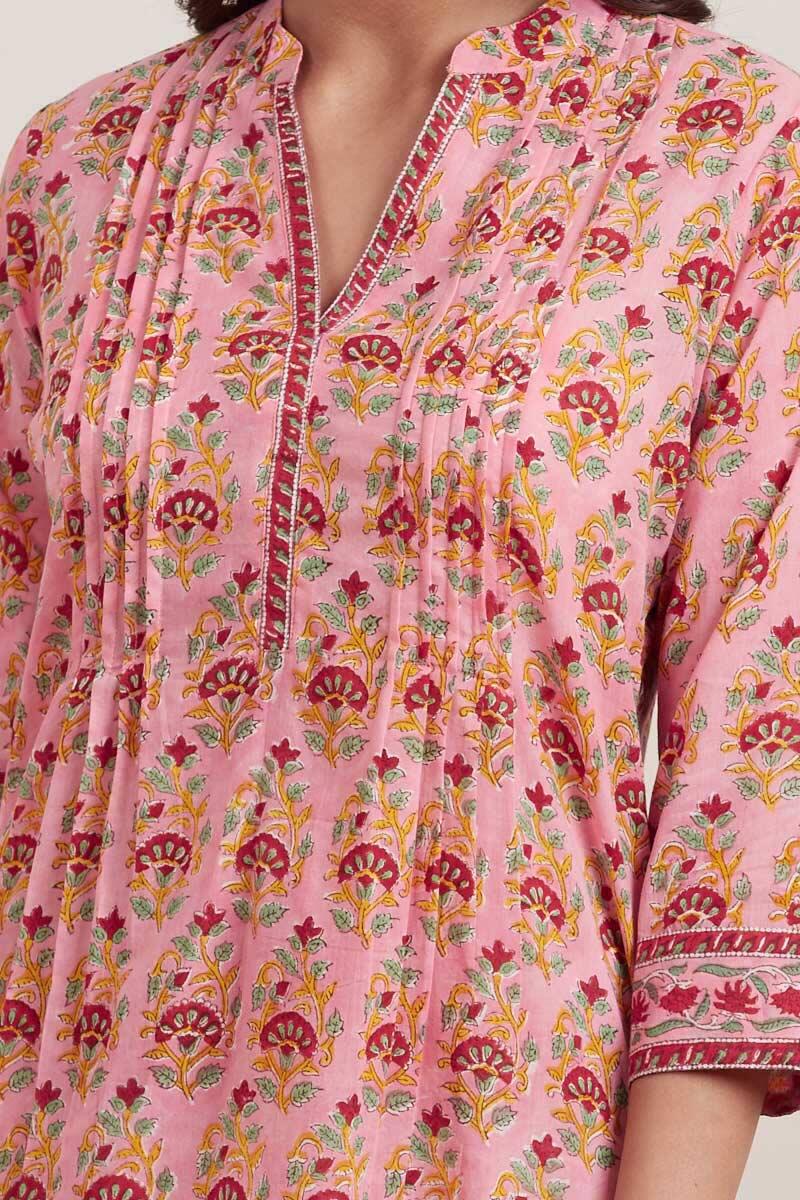 Pink Block Printed Short Cotton Kurta