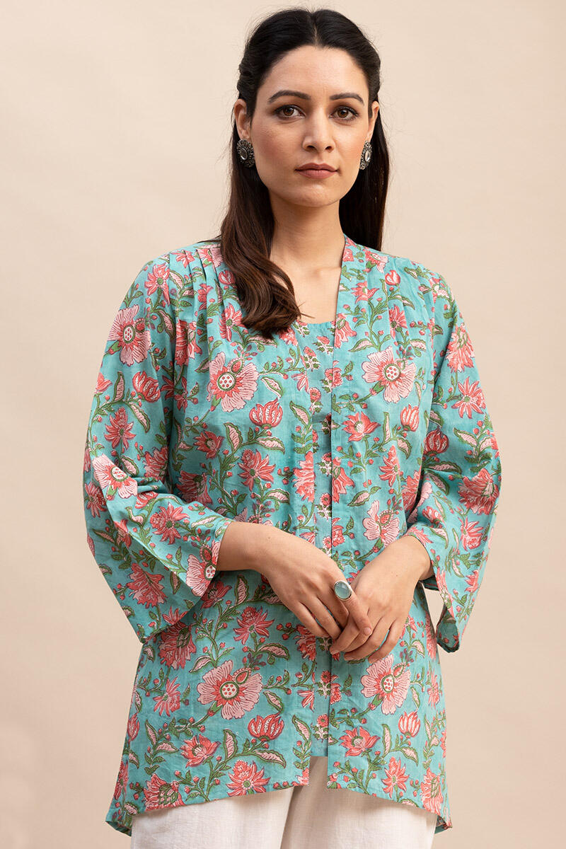 Buy Blue Block Printed Cotton Kimono | Blue Kimono for Women | Farida Gupta