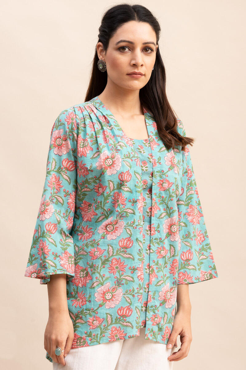 Buy Blue Block Printed Cotton Kimono | Blue Kimono for Women | Farida Gupta