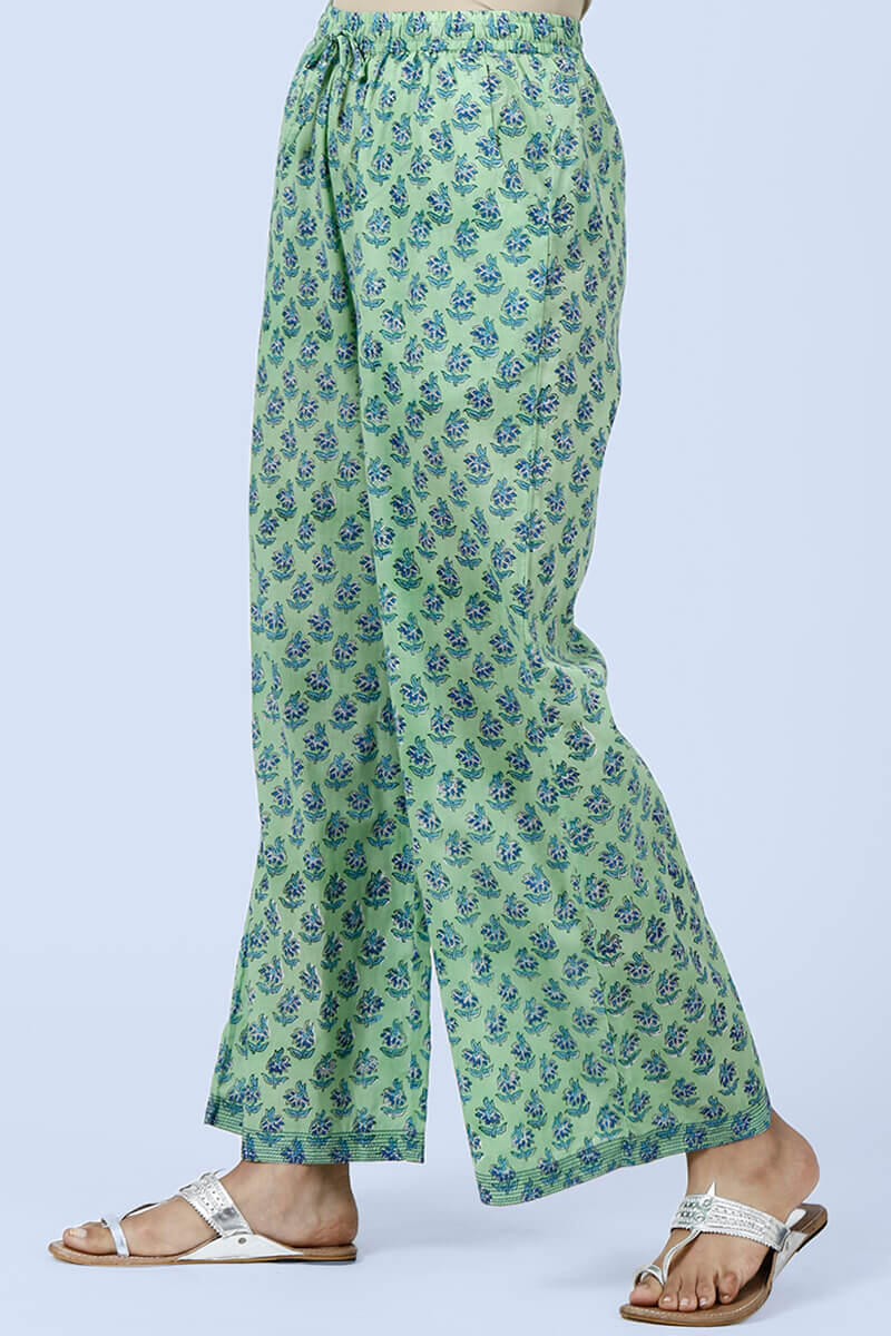 Green Block Printed Cotton Farsi Pants